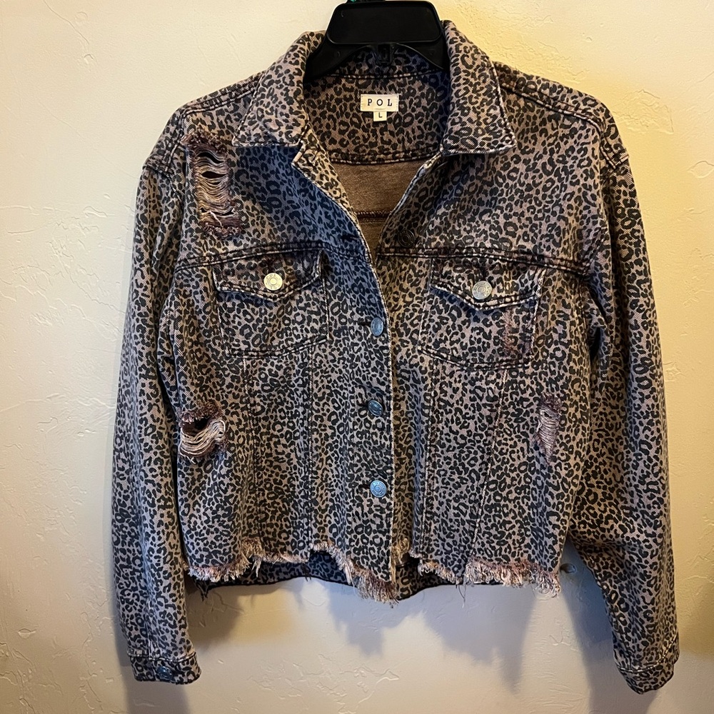 POL Animal Print Distressed Jean Jacket